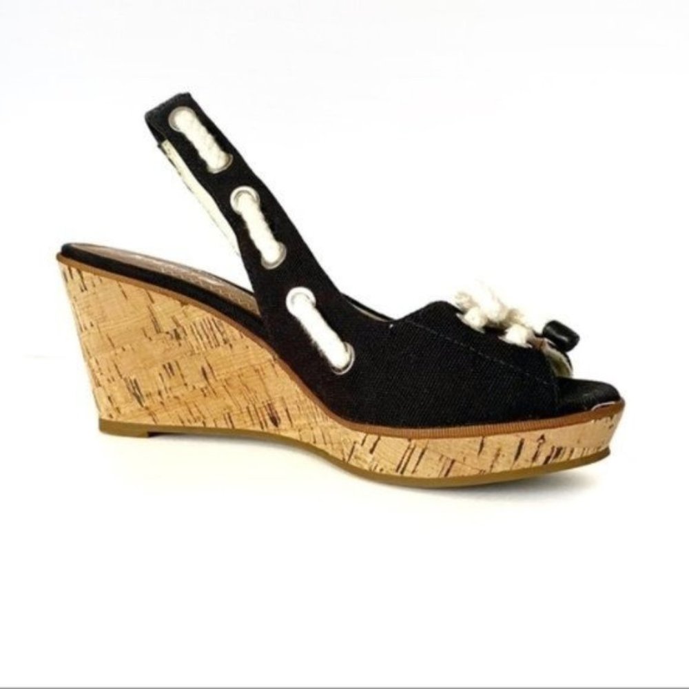 Sperry Southport Black Canvas Wedge Sandals Nautical Casual Comfort Size 7